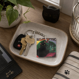 Mystieke Zwarte Kat Smaragdgroene Draak Fantasie Sleutelhanger