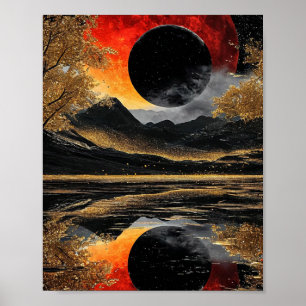 🌑 Mystieke Zwarte Maan Abstracte Gloed ✨ Hemels Poster