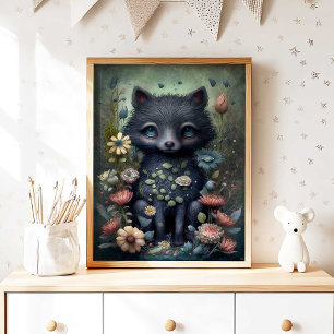 Mystieke Zwarte Vos Kinderkamer Muur Kunstprint    Poster