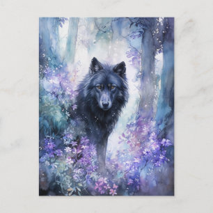 Mystieke Zwarte Wolf in Paarse Aquarel Woud Briefkaart