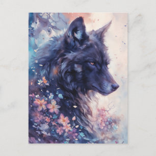 Mystieke Zwarte Wolf in Roze Bloementuin Briefkaart