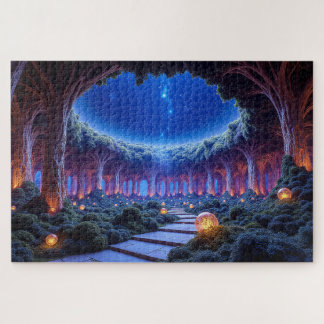 Mystieke zwevende bomen in een surrealistische tui legpuzzel