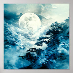 Mystisch maanverlicht berglandschap poster