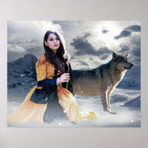 Mystisch meisje met wolf in winters landschap post poster