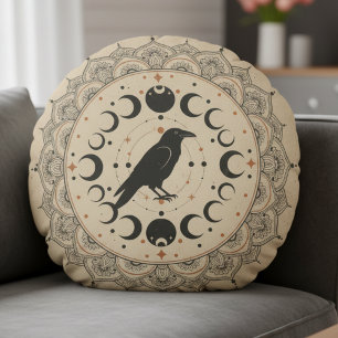 Mystische Raven Maanfase Mandala Hemelse Kunst Rond Kussen