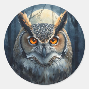 Mystische Uil Watercolor Kunst Donkere Bos Maan Ronde Sticker