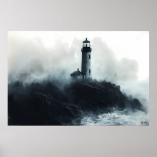 Mystische Vuurtoren Te midden van Oceaangolven – H Poster