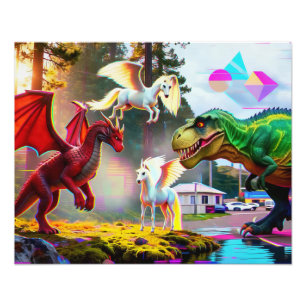 Mythische en prehistorische Pegasus, Draak, Dinosa Foto Afdruk