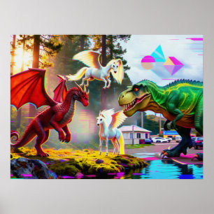 Mythische en prehistorische Pegasus, Draak, Dinosa Poster