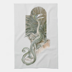 Mythische hagedisdraak op rotsen, vintage mytholog theedoek