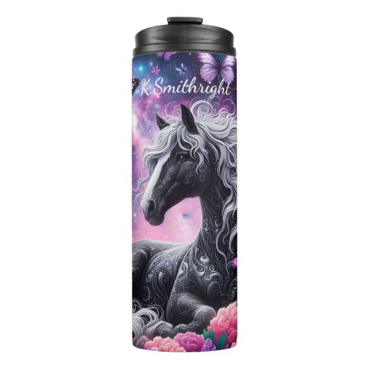 Mythische Kosmische Vlinders van het Zwarte Paard Thermosbeker (Voorkant)