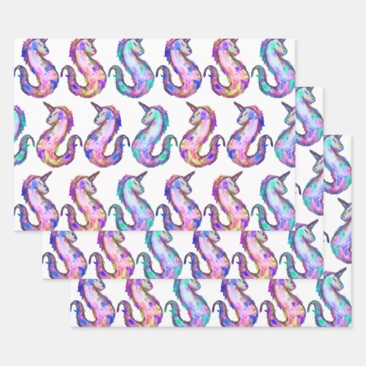 Mythische Roze Blauwgroen Unicorn Seahorse Waterve Inpakpapier Vel (Set)