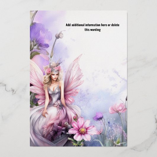 Mythische waterverf fee prinses roze bloemen folie uitnodiging (Achterkant)