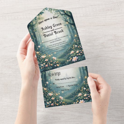 Mythische Woodland Enchanted Forest Sprookjeshuwel All In One Uitnodiging (Afscheurbaar)