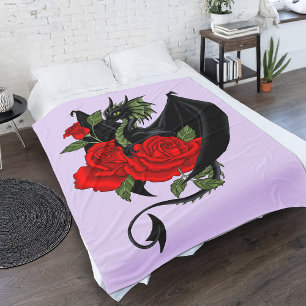 Mythische Zwarte Draak Rode Rozen Lavendel Gotisch Fleece Deken