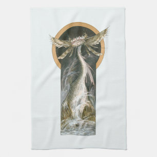 mythologie, een gevleugelde draak in de oceaan theedoek