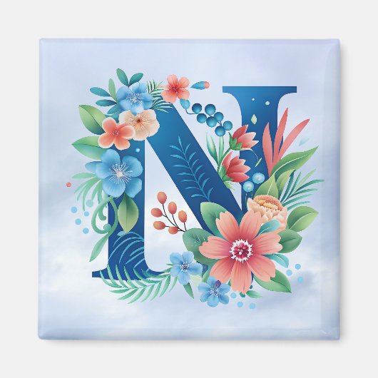 N blauw monogram met bloemen magneet (Voorkant)