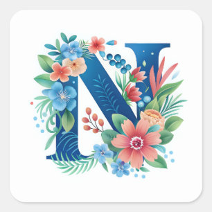 N blauw monogram met bloemen vierkante sticker