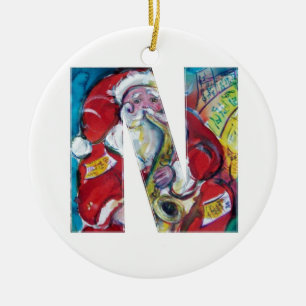 N BRIEF/SANTA EN SAX, CHRISTMAS PARTY MONOGRAM KERAMISCH ORNAMENT