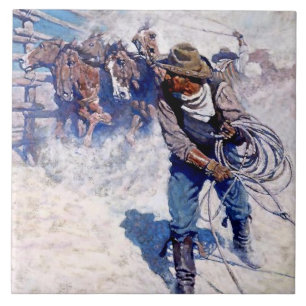 N C Wyeth Westers Schilderij “Wilde Paarden Vangen Tegeltje