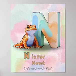 N is voor Newt – Dierenletter Muurkunst Poster