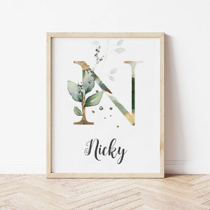 N Letter Monogram Groen Kwekerij Naam Muur Print
