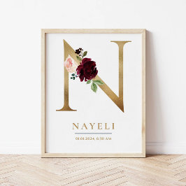 N Letter Monogram Naam Marsala Bloemenkwekerij Poster