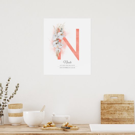 N Letter Monogram White Orchids and Pampas Grass Poster (Keuken)