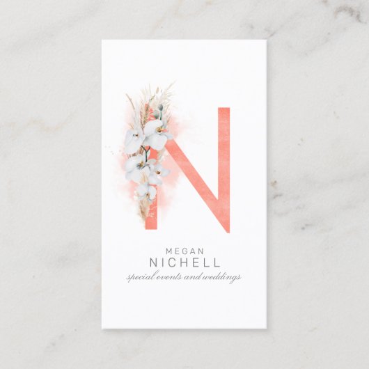 N Letter Monogram White Orchids and Pampas Grass Visitekaartje (Voorkant)