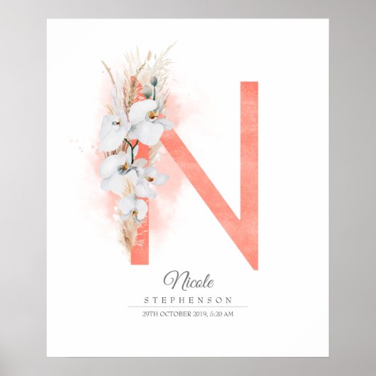N Letter Monogram Witte Orchideeën en Pampasgras Poster (Voorkant)