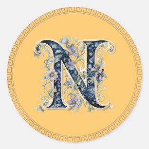 N monogram blauw-gouden bloem ronde sticker