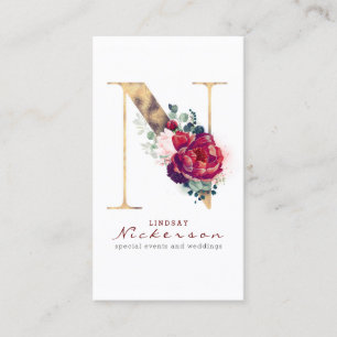 N Monogram Burgundy Red Flowers en Gold Glitter Visitekaartje
