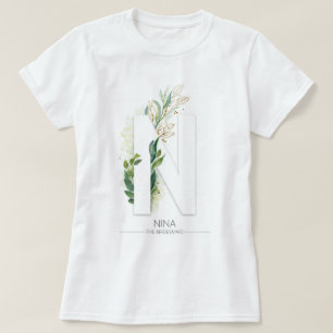 N Monogram Gold Greenery Leaves Elegant T-shirt