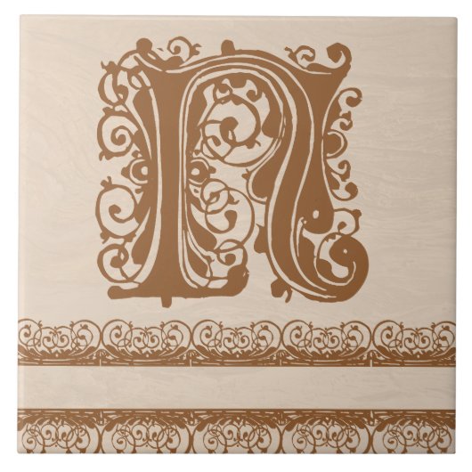 N Monogram Light Brown Wood Texture Ceramic Tile Tegeltje (Voorkant)