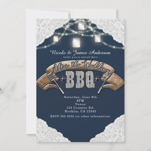 NA DE BRUILOFT BBQ Blue Mason Jar Lights & Lace Kaart (Voorkant)