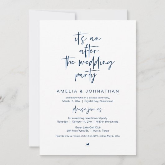 Na het huwelijk, Navy Blue, Elopement Party Kaart (Voorkant)