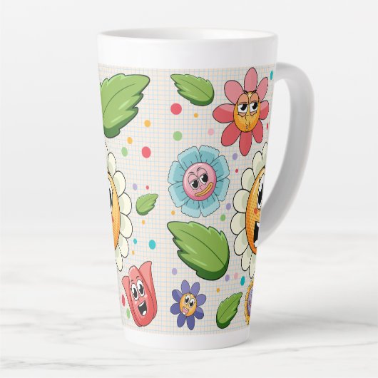 Naadloos achtergrondontwerp met kleurrijke bloemen latte mok (Rechterhoek)