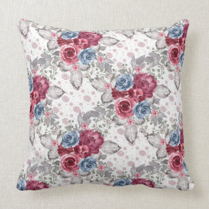 Naadloos bloempatroon - Stofblauw en bordeauxrood Kussen