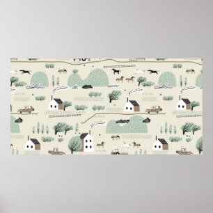 Naadloos kleurrijk patroon met huis, bomen, paard poster