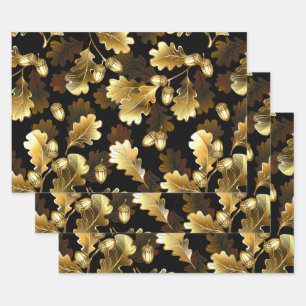 Naadloos met gouden eiken takken op zwart inpakpapier vel