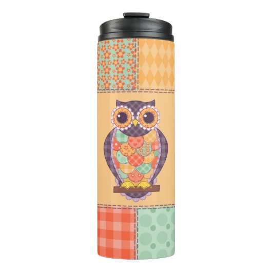 Naadloos patchwork-uil patroon. achtergrond thermosbeker (Voorkant)