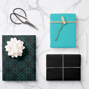 Naadloos patroon in helder turquoise op zwart inpakpapier vel