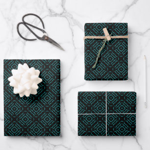Naadloos patroon in helder turquoise op zwart inpakpapier vel