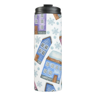Naadloos patroon met beelden van winterhuizen en s thermosbeker