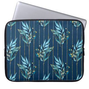 Naadloos patroon met blauwe bladeren en strepen laptop sleeve