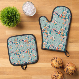Naadloos patroon met bloemen ovenwant & pannenlap set