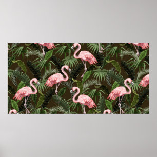 Naadloos patroon met flamingo en tropische bladere poster