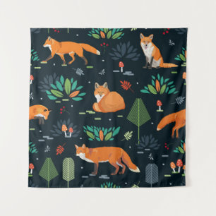 Naadloos patroon met Foxes, bomen, bladeren, padde Wandkleed
