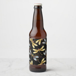 Naadloos patroon met gouden libellen bier etiket