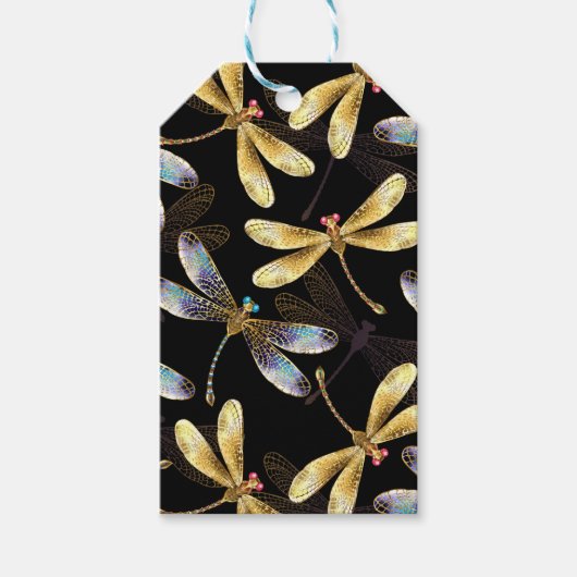 Naadloos patroon met gouden libellen cadeaulabel (Voorkant)
